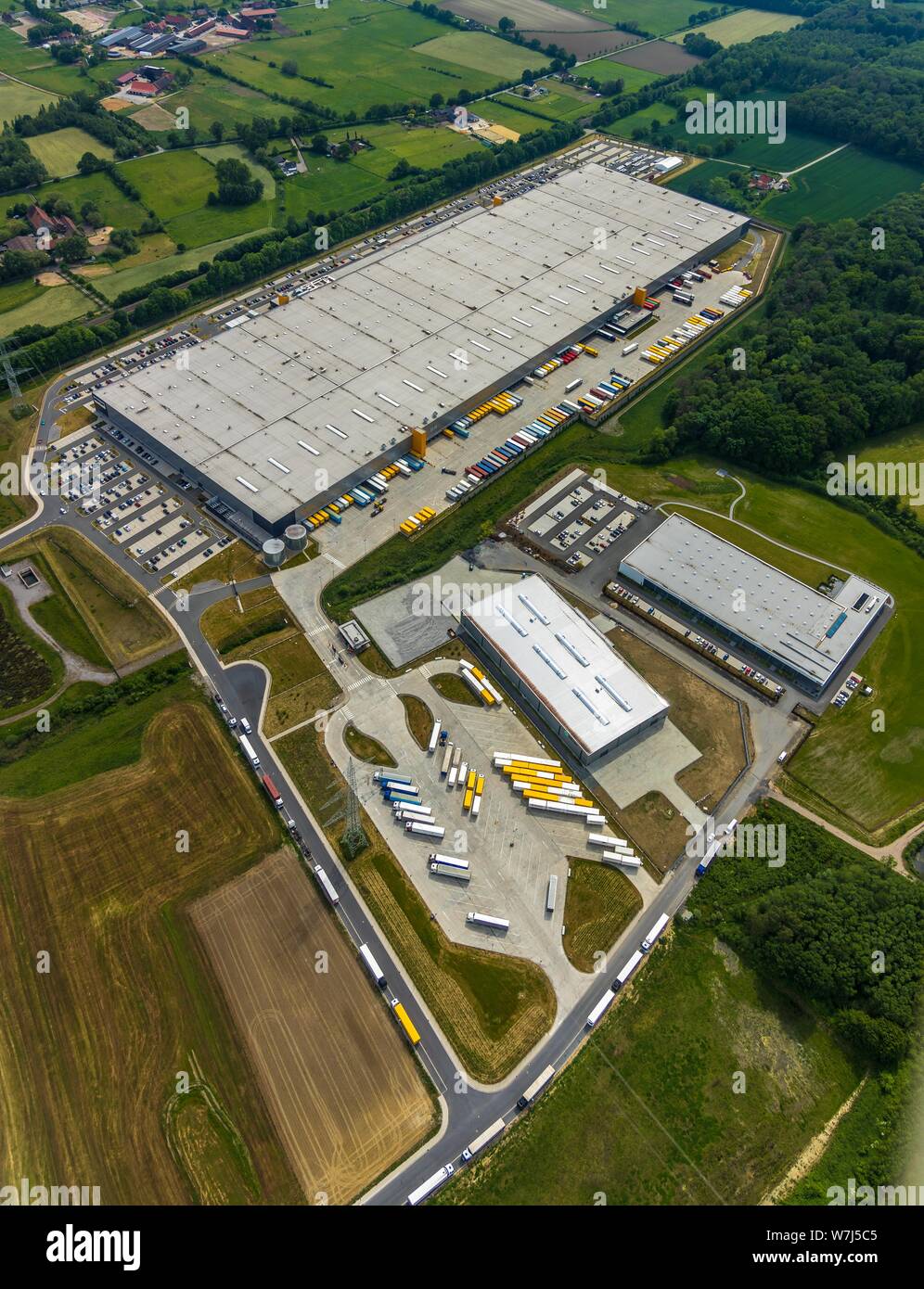 Aerial view, truck parking at the logistics centre Amazon Logistik Werne GmbH, Werne, Ruhr area, North Rhine-Westphalia, Germany Stock Photo