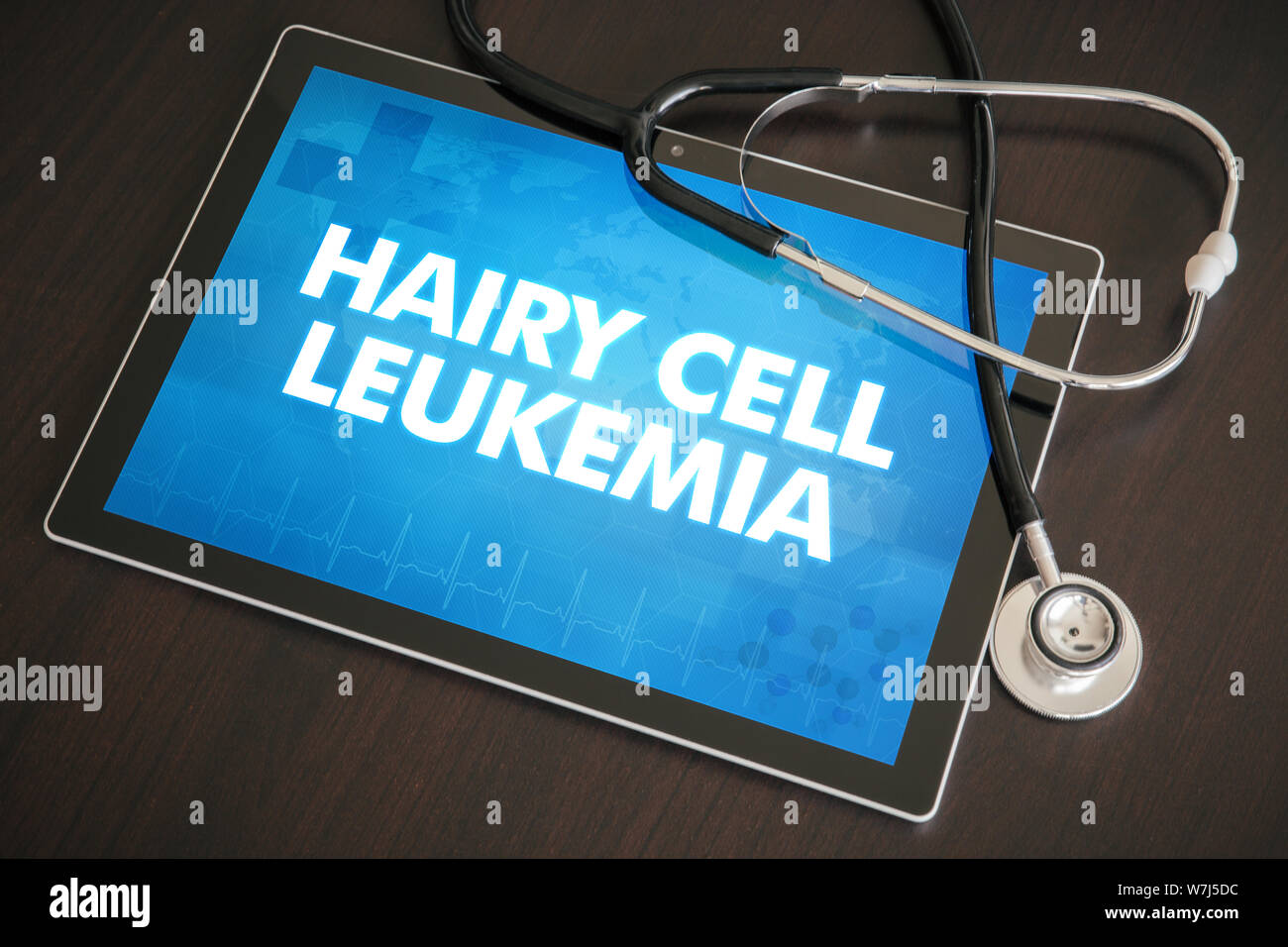 Hairy cell leukemia (cancer type) diagnosis medical concept on tablet screen with stethoscope. Stock Photo