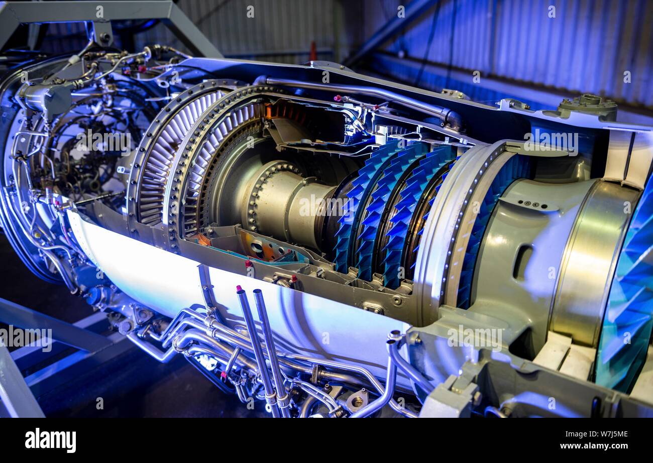 Gas turbine, engine helicopter, view inside the engine, compressor, combustion chamber and turbine, exhibit, Paris, France Stock Photo