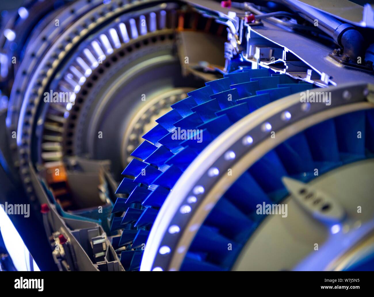 Gas turbine, engine helicopter, view inside the engine, compressor, combustion chamber and turbine, exhibit, Paris, France Stock Photo