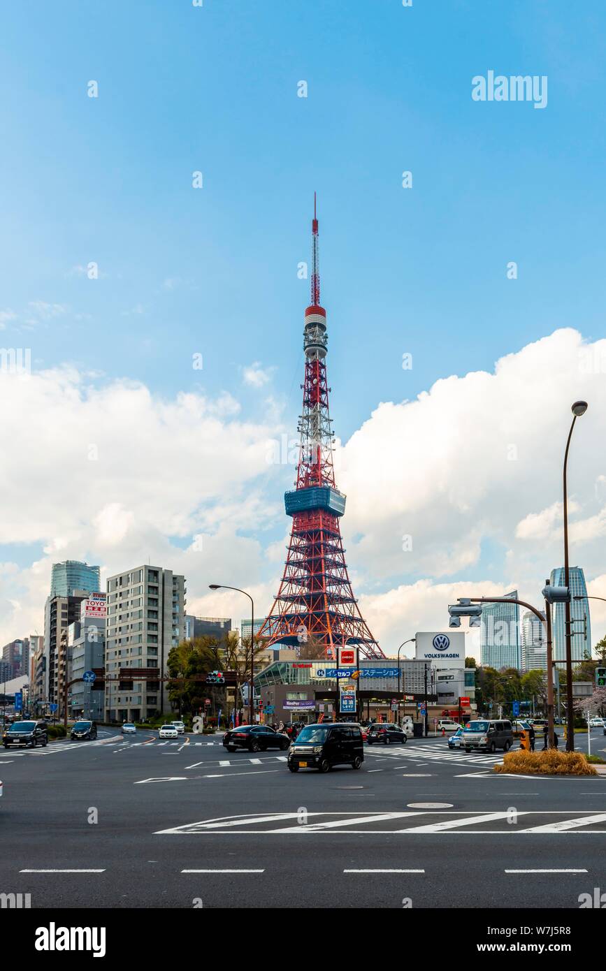 Crossroads in front of Tokyo Tower, Tokyo, Japan Stock Photo