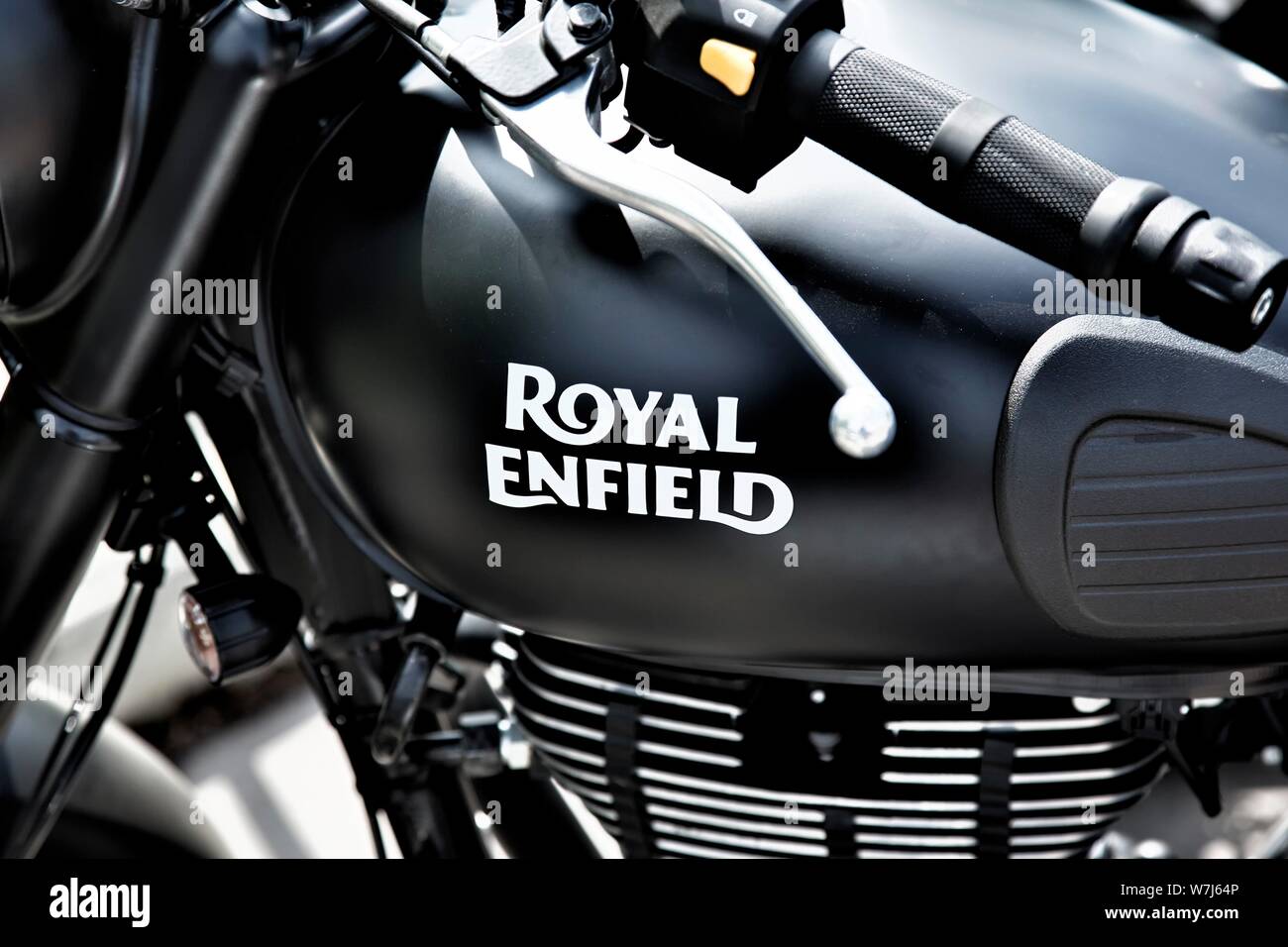 Petrol tank with the inscription Royal Enfield, Berlin, Germany Stock Photo