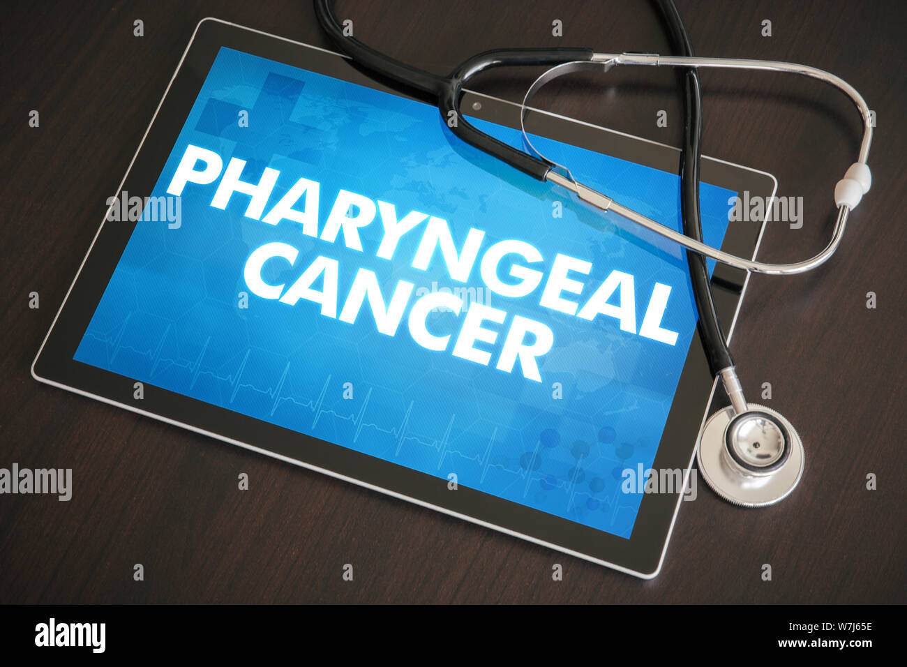 Pharyngeal cancer (cancer type) diagnosis medical concept on tablet screen with stethoscope. Stock Photo