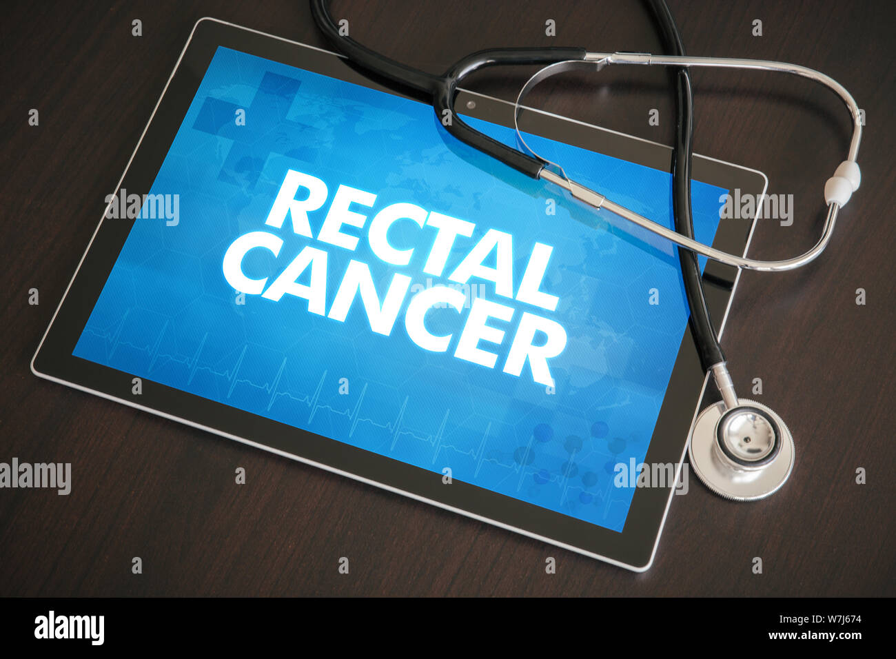 Rectal cancer (cancer type) diagnosis medical concept on tablet screen with stethoscope. Stock Photo
