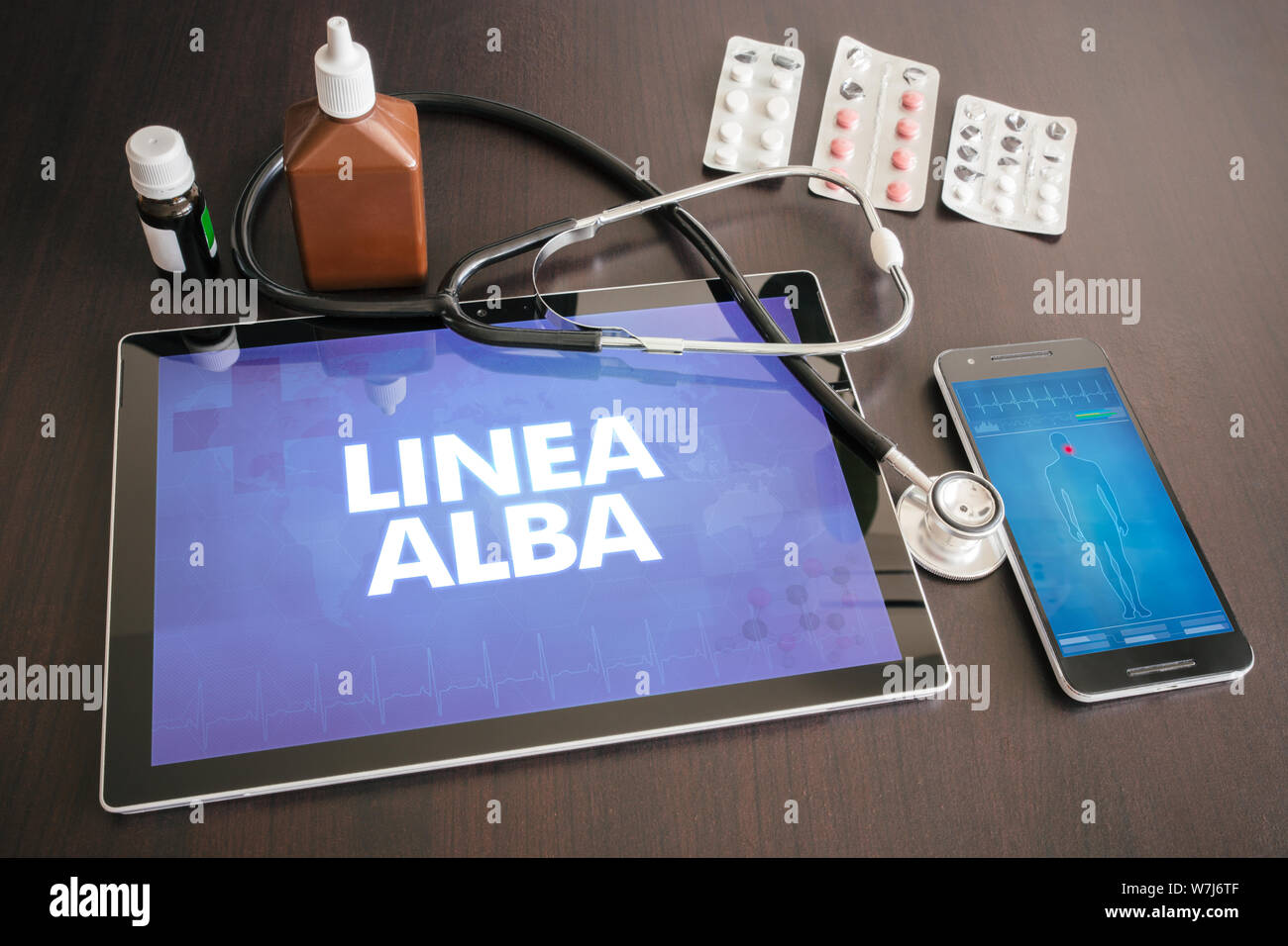 Linea alba (cutaneous disease) diagnosis medical concept on tablet screen with stethoscope. Stock Photo
