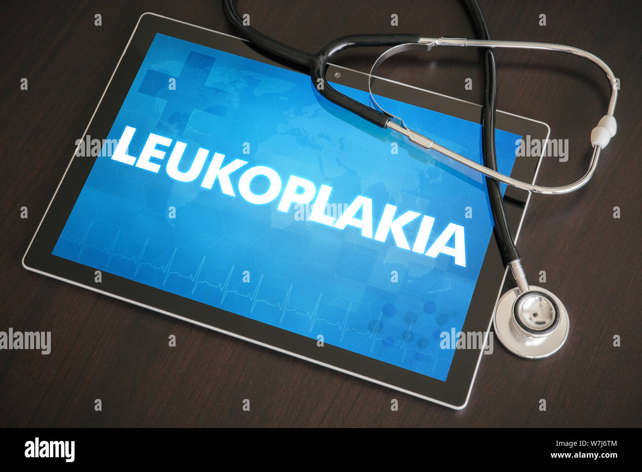 Leukoplakia (cutaneous disease) diagnosis medical concept on tablet screen with stethoscope. Stock Photo