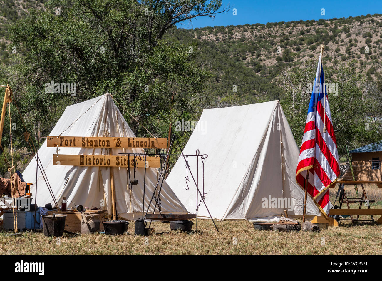 Old Lincoln Days, military encampment, Lincoln and Fort Stanton State Historic Sites, Lincoln County, New Mexico, USA. Stock Photo
