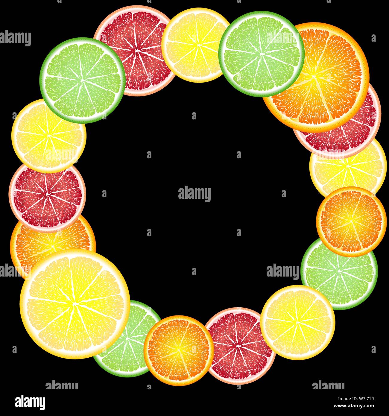 Cheerful, bright frame of circles of citrus fruits: orange, lemon ...