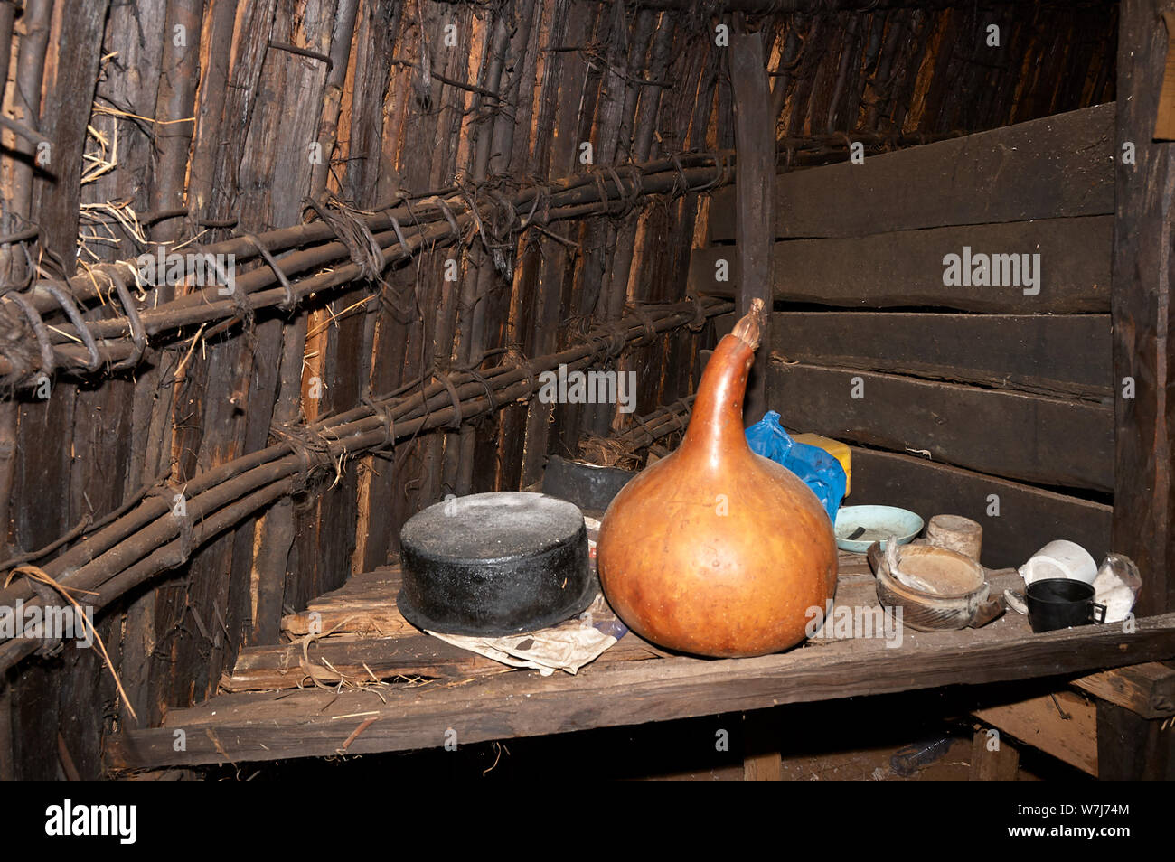 Traditional kitchen in an African Chagga tribe hut Stock Photo