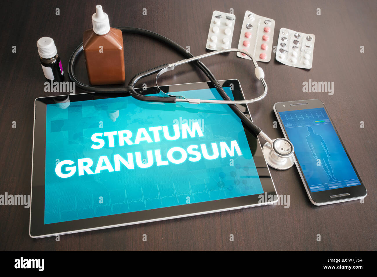 Stratum granulosum (cutaneous disease related) diagnosis medical concept on tablet screen with stethoscope. Stock Photo