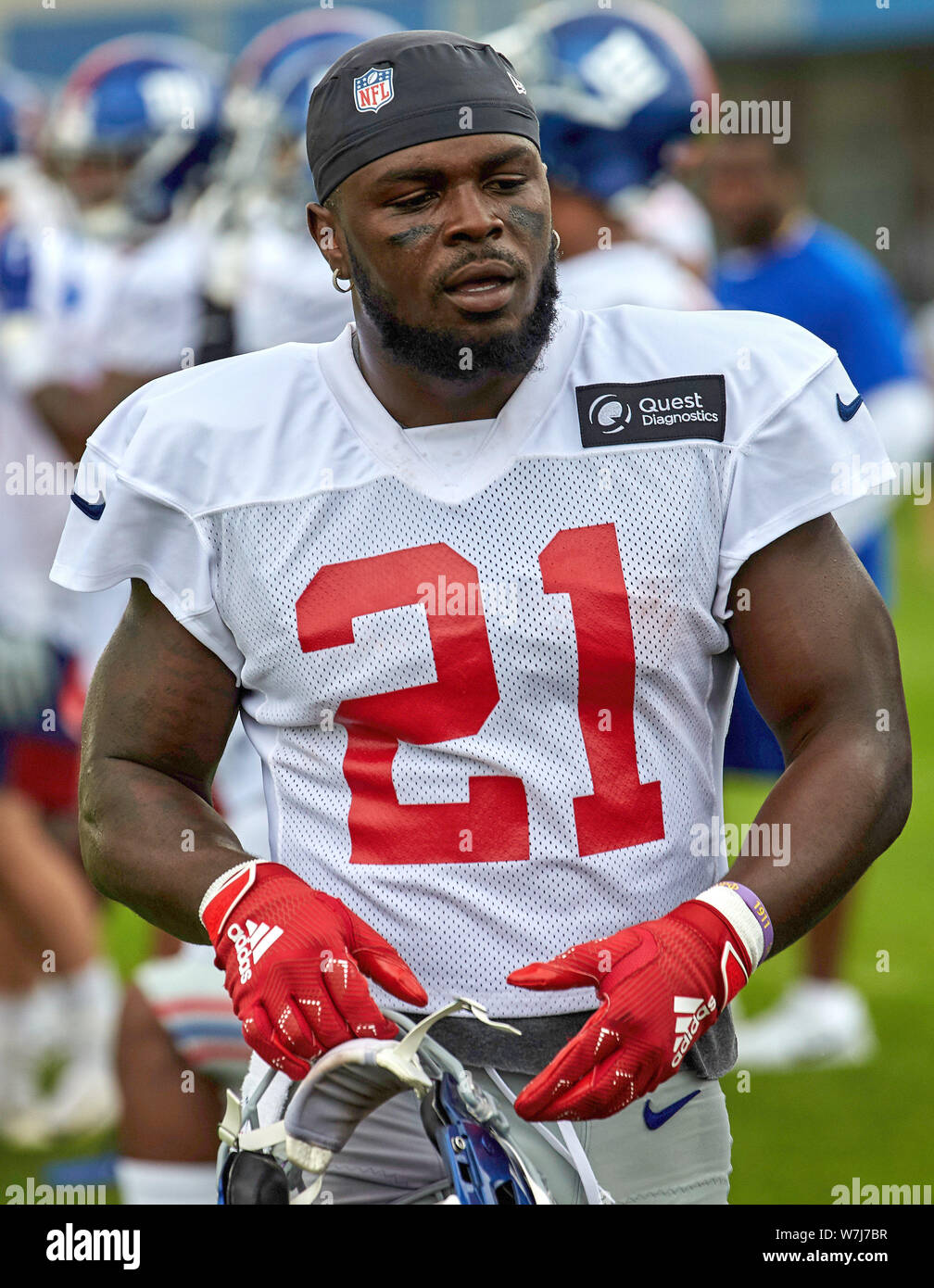 East Rutherford, New Jersey, USA. 6th Aug 2019. New York Giants free safety Jabrill  Peppers (21) during training camp at the Quest Diagnostics Training Center  in East Rutherford, New Jersey. Duncan Williams/CSM