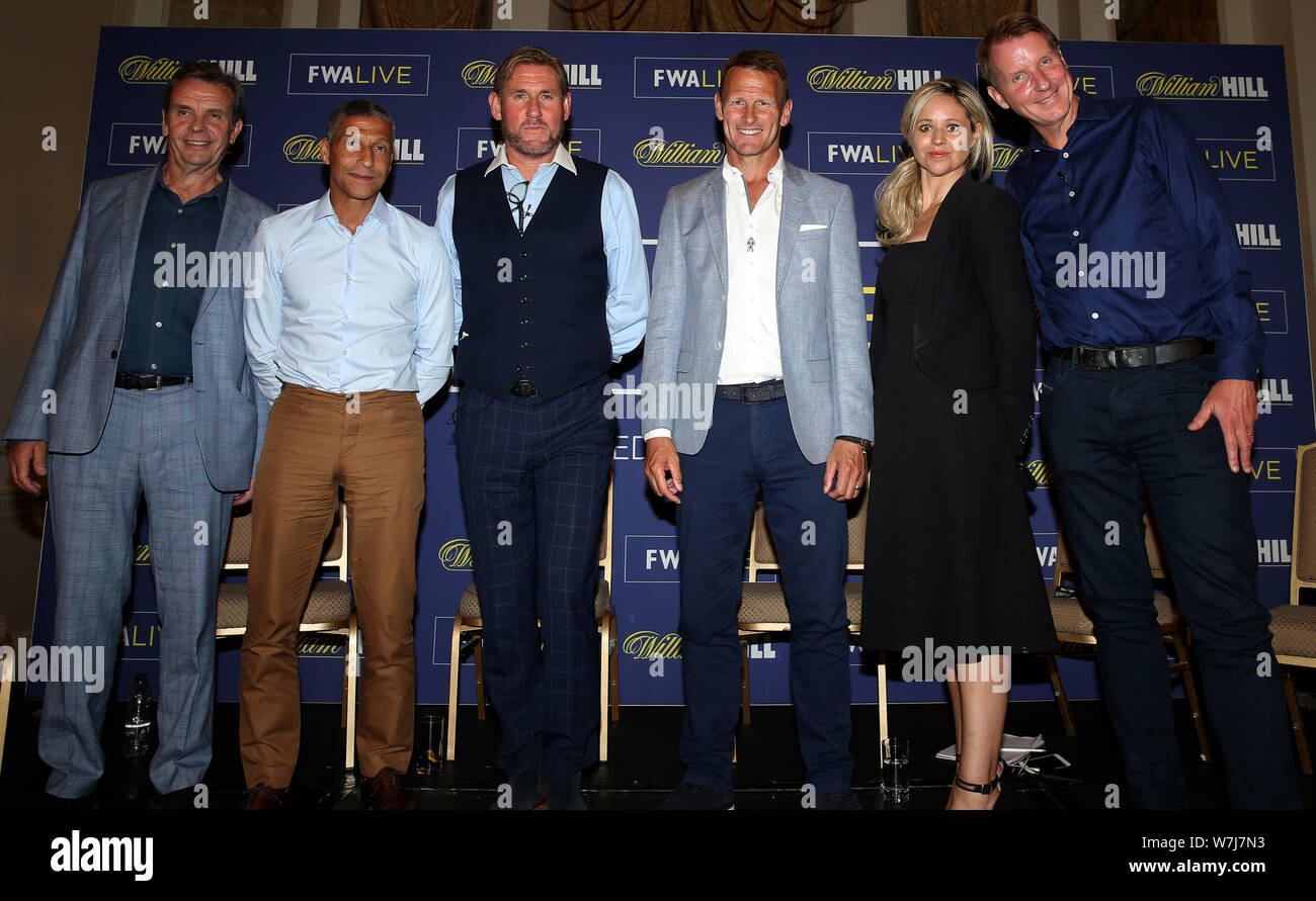 (Left to right) Gerry Cox- Former Chairman of FWA/Hayters TV, Chris Hughton - Former Brighton Manager, Simon Jordan- Former Crystal Palace Owner & Broadcaster, Teddy Sheringham, Carrie Brown- FWA Chair and Henry Winter - Sports Editor of The Times during the FWA Live Season Preview at The Landmark Hotel, London. Stock Photo