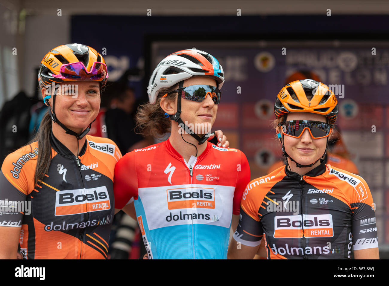 Chantal Blaak, Christine Majerus of Boels Dolmans before racing in the Prudential RideLondon Classique cycle race. Female cyclist rider Stock Photo