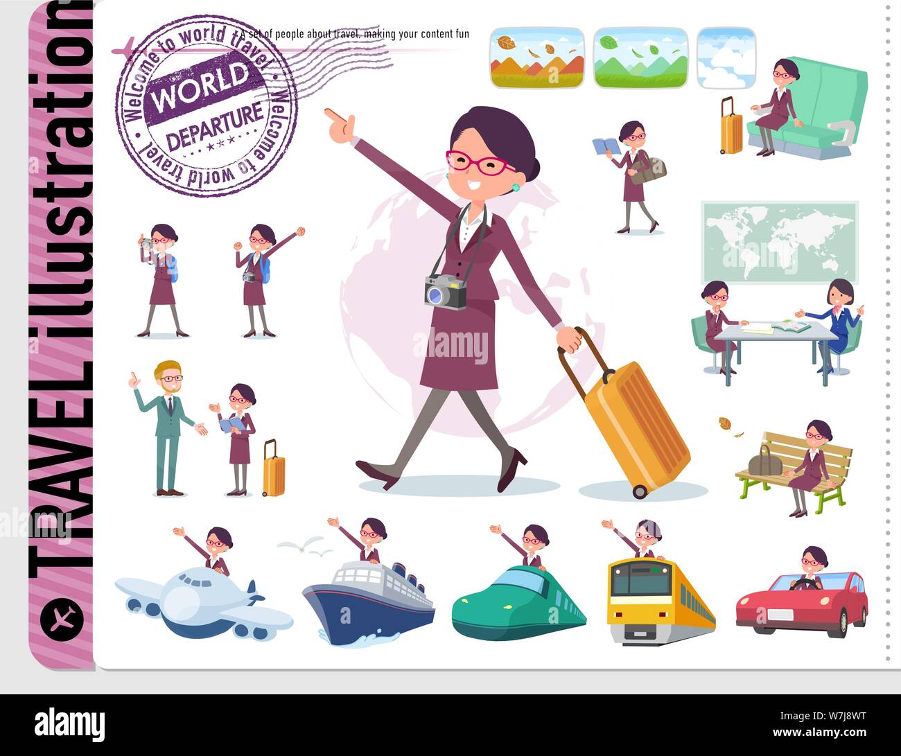 A set of women on travel.There are also vehicles such as boats and airplanes.It's vector art so it's easy to edit. Stock Vector