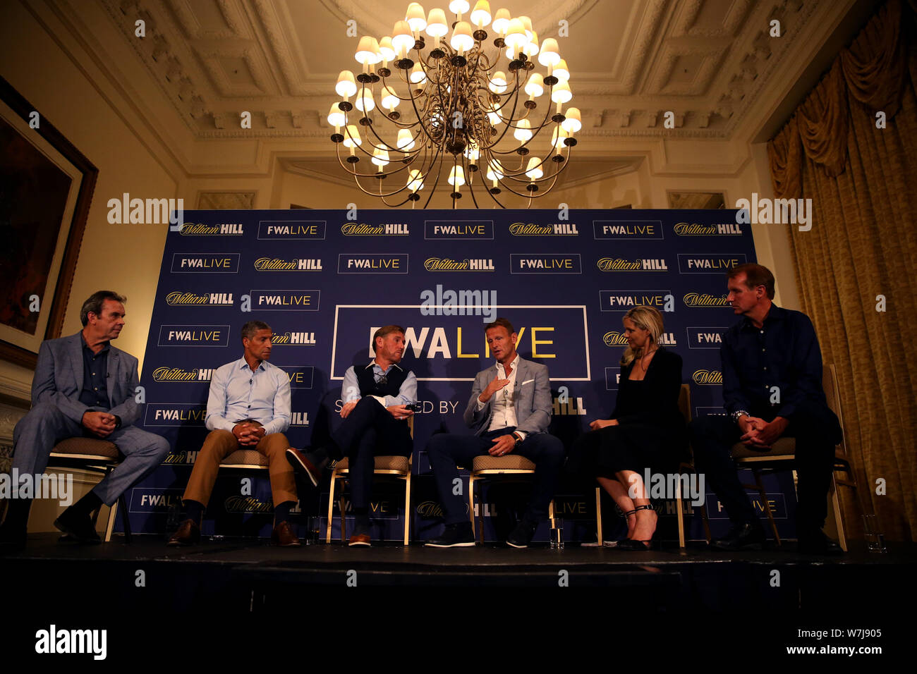 (Left to right) Gerry Cox- Former Chairman of FWA/ Hayters TV, Chris Hughton- Former Brighton Manager, Simon Jordan- Former Crystal Palace Owner & Broadcaster, Teddy Sheringham, Carrie Brown- FWA Chair and Henry Winter- Sports Editor of The Times during the FWA Live Season Preview at The Landmark Hotel, London. Stock Photo