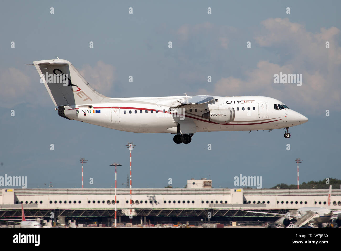 Milan, Italy. 3rd Aug, 2019. A Cityjet British Aerospace Avro RJ85 seen landing at Milano Malpenssa airport. Credit: Fabrizio Gandolfo/SOPA Images/ZUMA Wire/Alamy Live News Stock Photo