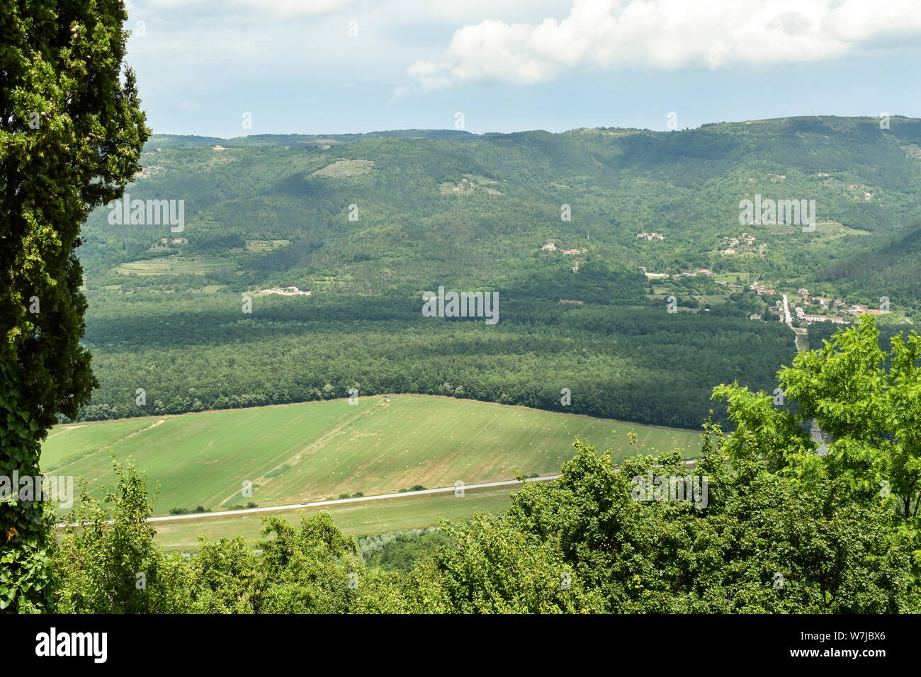 Beautiful View At Amazing Landscape In Istra Region With Frame Of Trees Croatia View From Motovun Village Stock Photo Alamy