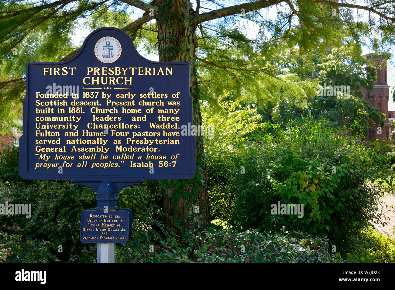 A historical marker near the site of the founding of the First Presbyterian church in Oxford, MS, USA Stock Photo