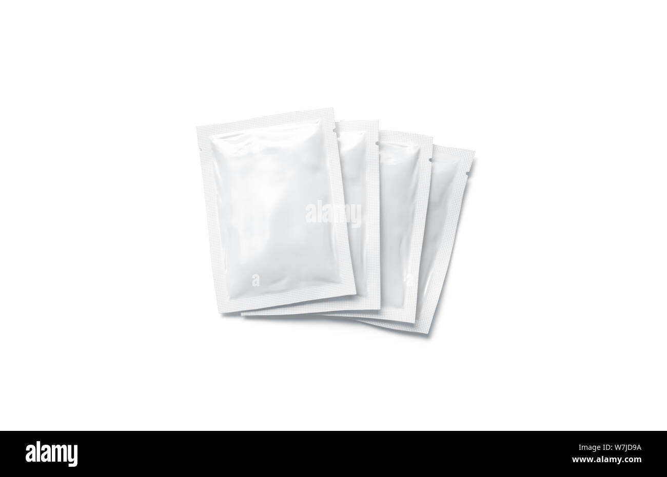 Blank white sachet packets stack mockup, isolated, top view, 3d rendering. Empty airtight pack mock-up for sauce, coffee, wet wipe, mayonnaise. Clear Stock Photo