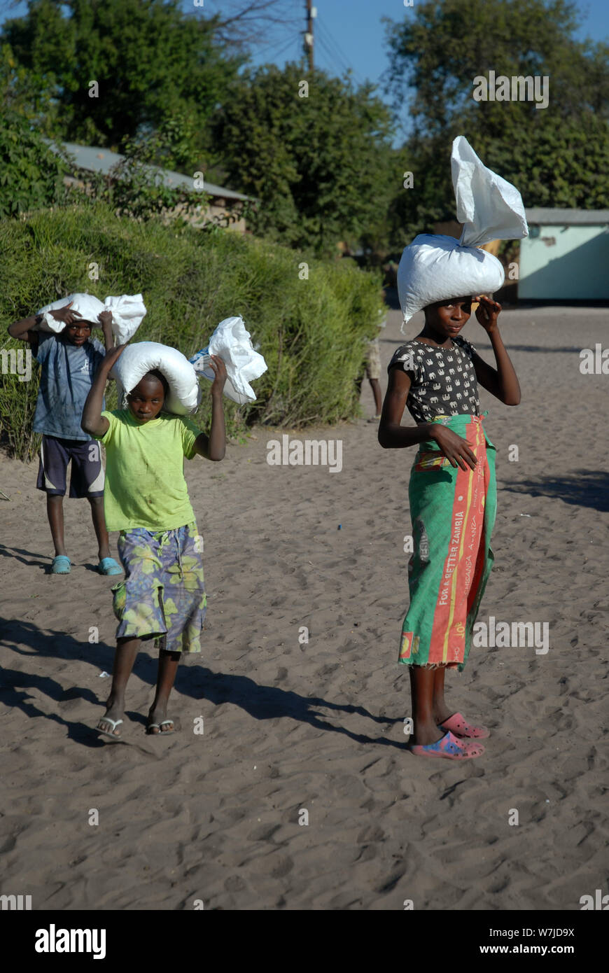 Children carrying Bags of maize on their heads, Mwandi, Zambia, Africa
