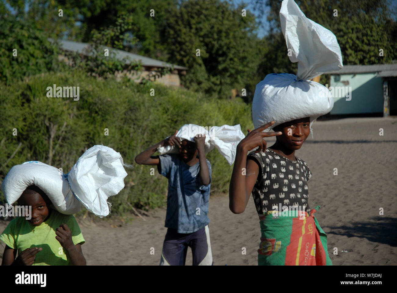 Children carrying Bags of maize on their heads, Mwandi, Zambia, Africa