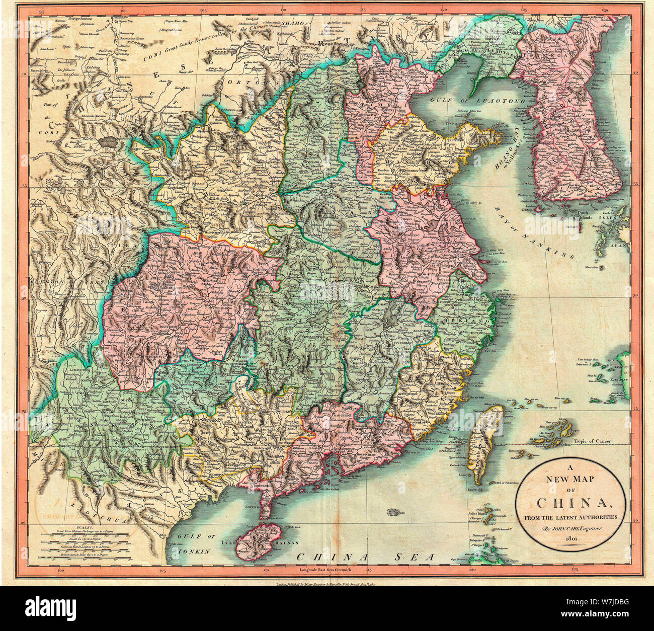 A New Map of China - An exceptionally beautiful example of John Cary’s important 1801 map of China and Korea. Covers from Tibet and Bhutan eastwards as far as Korea, extends north as far as the Gobi Desert and south to Tonkin (modern day Vietnam) and Hainan. Offers extraordinary detail throughout. Shows the convoluted course of China’s Great Wall. Also identifies the Island of Taiouan ( Taiwan ) or Formosa. 1801 Stock Photo