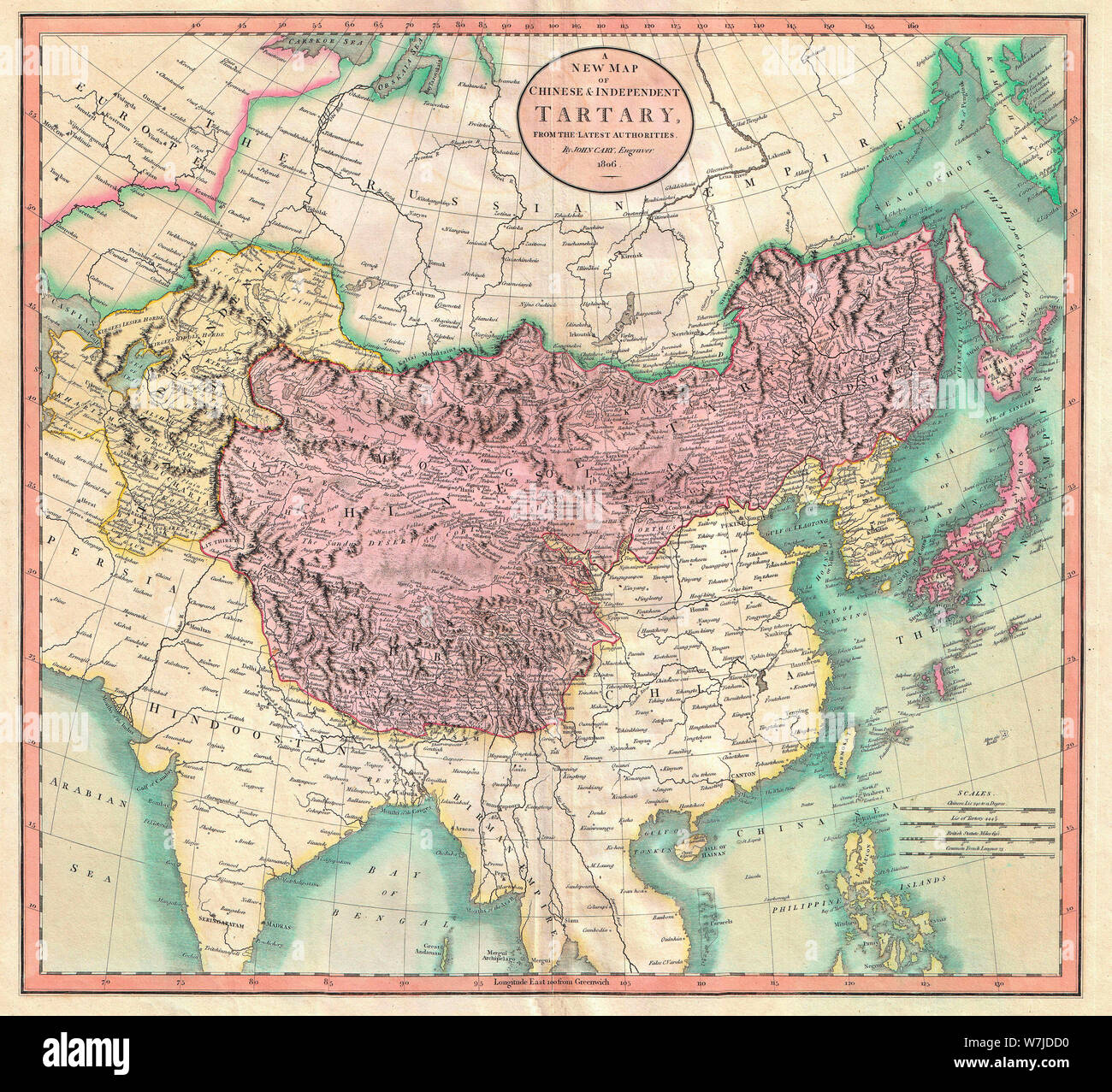 A New Map of Chinese & Independent Tartary - An exceptionally beautiful example of John Cary’s important 1806 map of Chinese and Independent Tartary. Covers Central Asia from the Caspian Sea to Japan, extends as far north as the Obskaia Sea and as far south as India, Burma and the Philippines. Includes the modern day nations of Uzbekistan, Kazakhstan, Turkmenistan, Kirgizstan, Tajikistan and Mongolia. One of Cary’s most interesting maps. Central Asia, despite hundreds of years of passing trade on the Silk Routes, was still, at the turn of the century a largely unknown land. 1806 Stock Photo