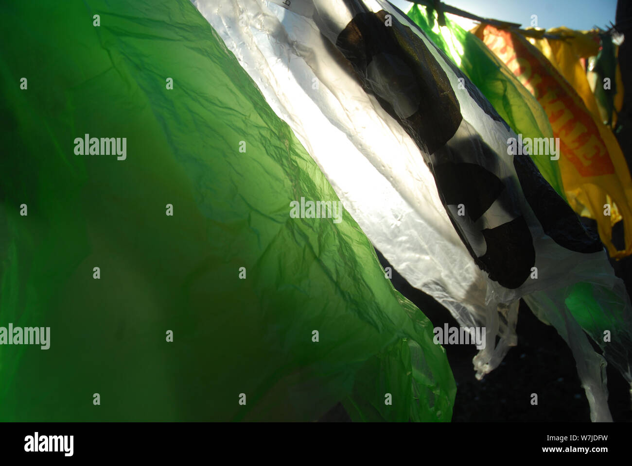 Plastic Carrier Bags hanging out to dry on a washing line, Mwandi