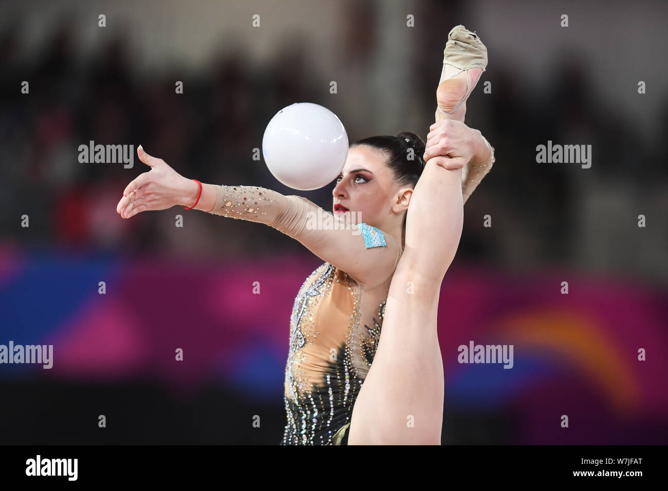 Lima, Peru. 4th Aug, 2019. CELESTE D'ARCANGELO from Argentina bounces the ball off her arm while standing holding her foot over her head during the competition held in the Polideportivo Villa El Salvador. Credit: Amy Sanderson/ZUMA Wire/Alamy Live News Stock Photo