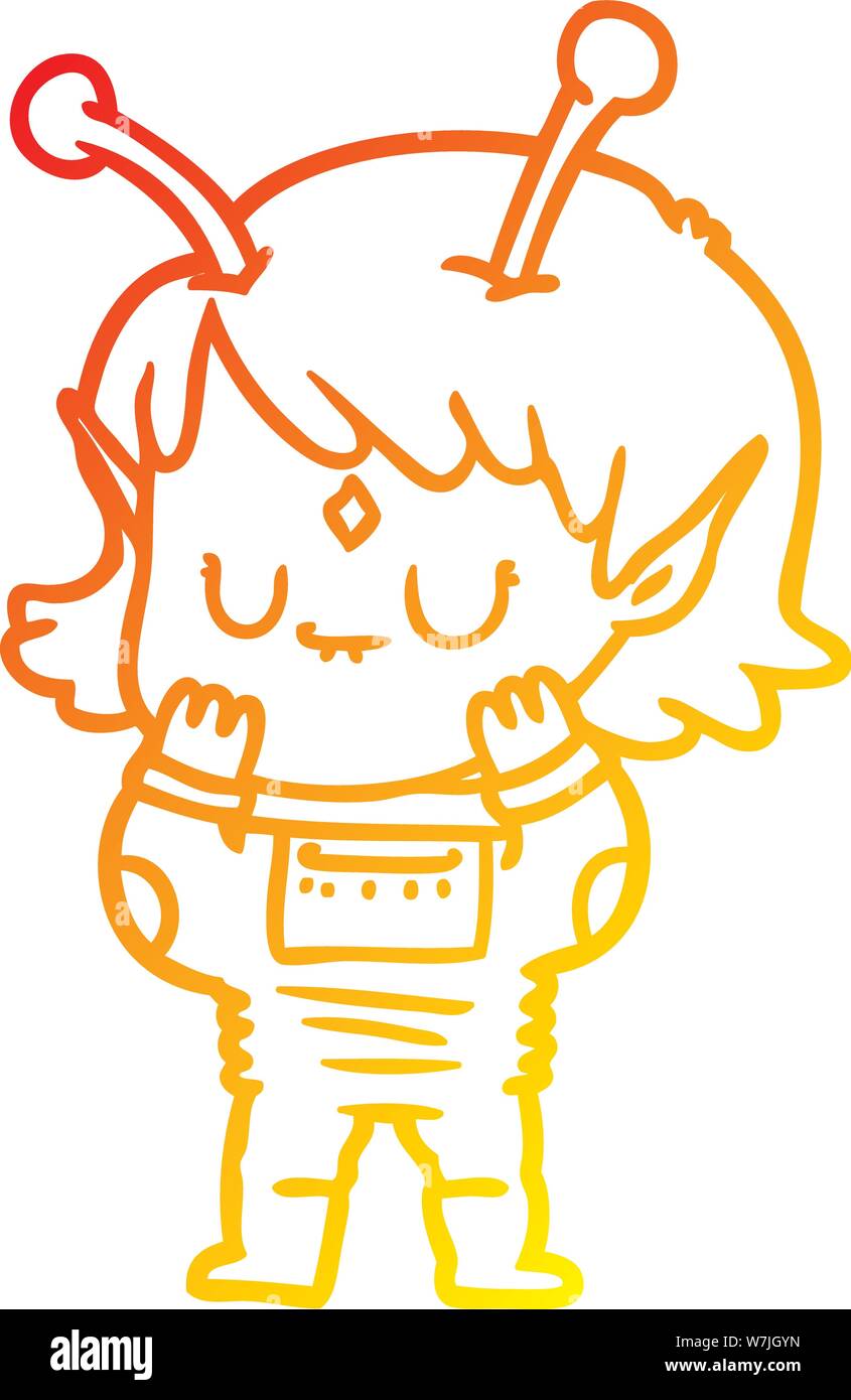 warm gradient line drawing of a cartoon alien girl Stock Vector Image ...