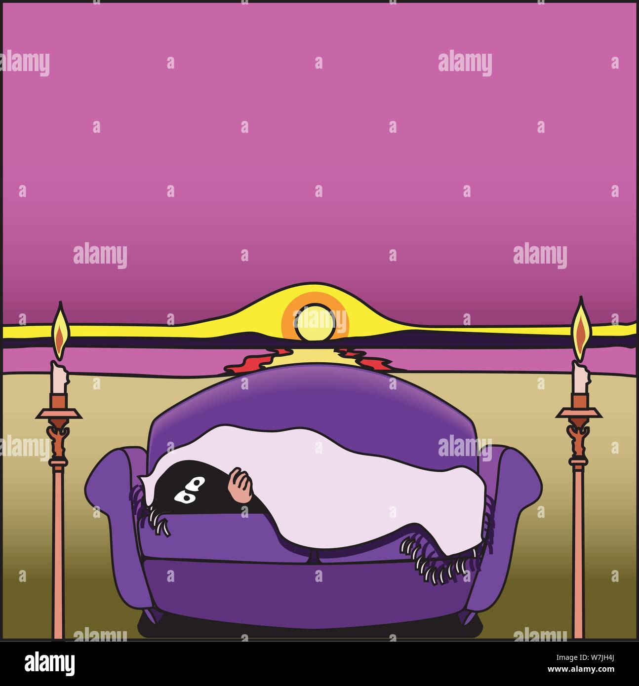 Single figure under a blanket where frightened eyes and one hand only are visible. The couch sits between two candelabras and a sun sets like an eye o Stock Vector
