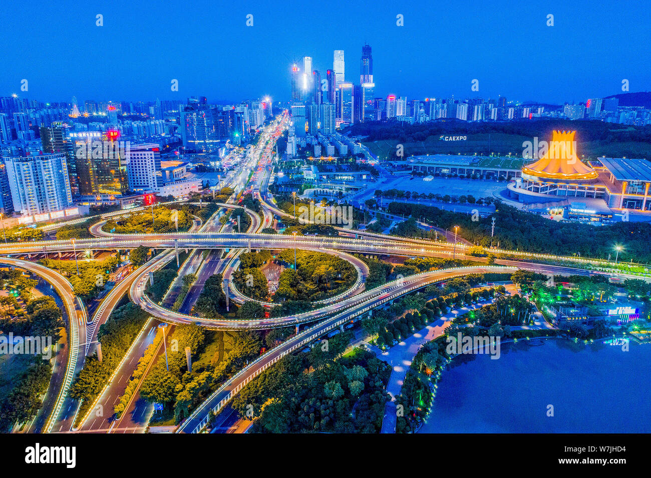 Night view of the crossings of elevated highways in Nanning city, south China's Guangxi Zhuang Autonomous Region, 30 August 2017.   The 14th China-ASE Stock Photo