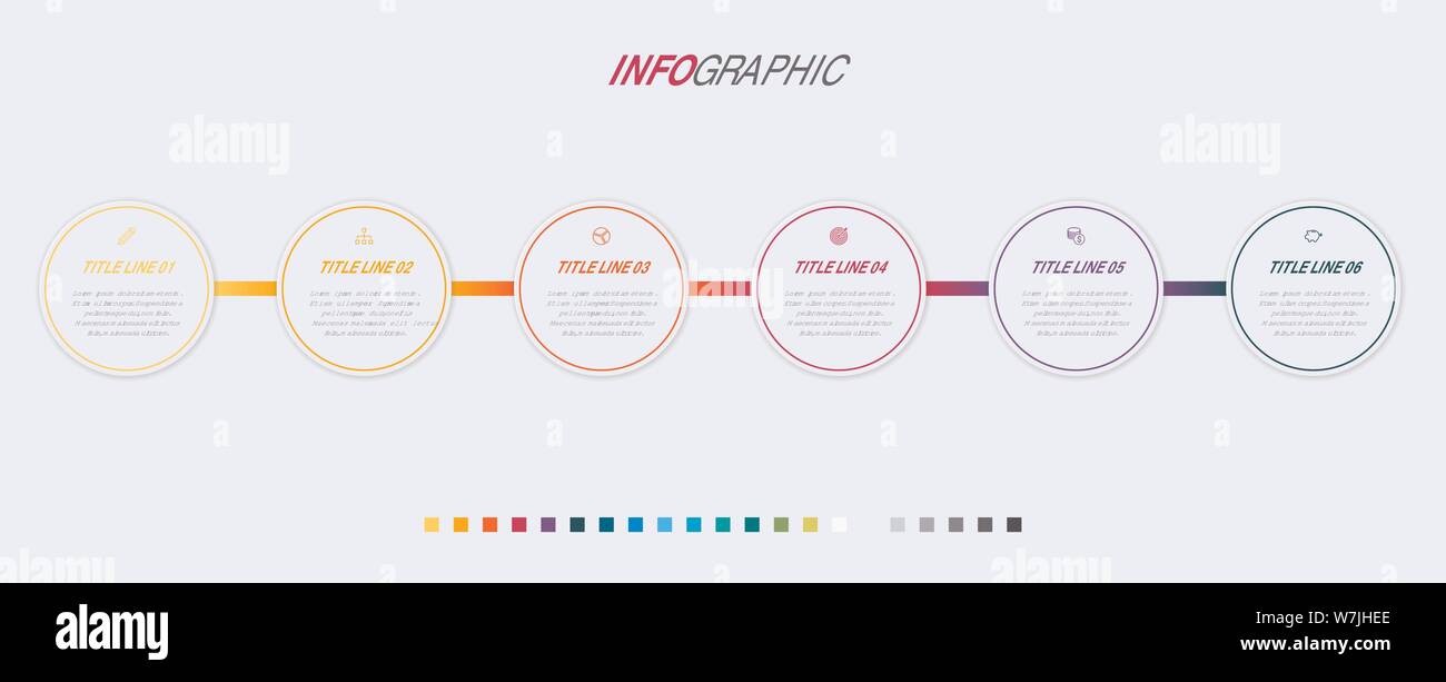 Timeline infographic design vector. 6 steps, rounded workflow layout. Vector infographic timeline template. Stock Vector