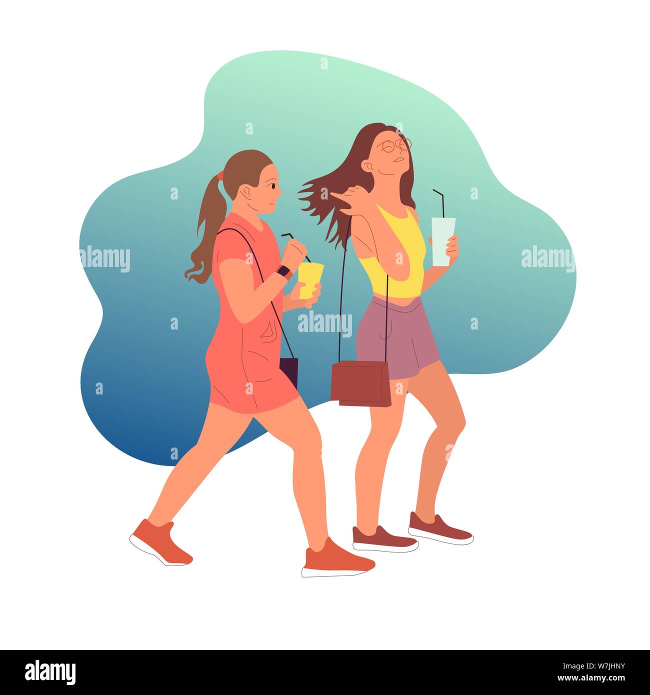 Two young girls characters in casual outfit walking with coffee cup in hand on blue background. Flat style colorful cartoon stock vector illustration. Stock Vector