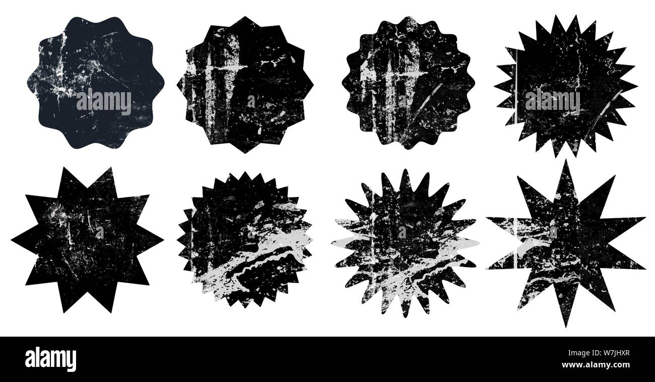 Set of black grunge starburst stamps on white background. Set of web icons. Badges and labels various shapes.  Vector illustration Stock Vector