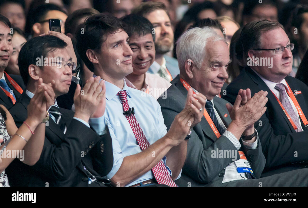 Canadian Prime Minister Justin Trudeau, second left, is pictured at Alibaba's Toronto Business Conference - Gateway 17 in Toronto, Canada, 25 Septembe Stock Photo