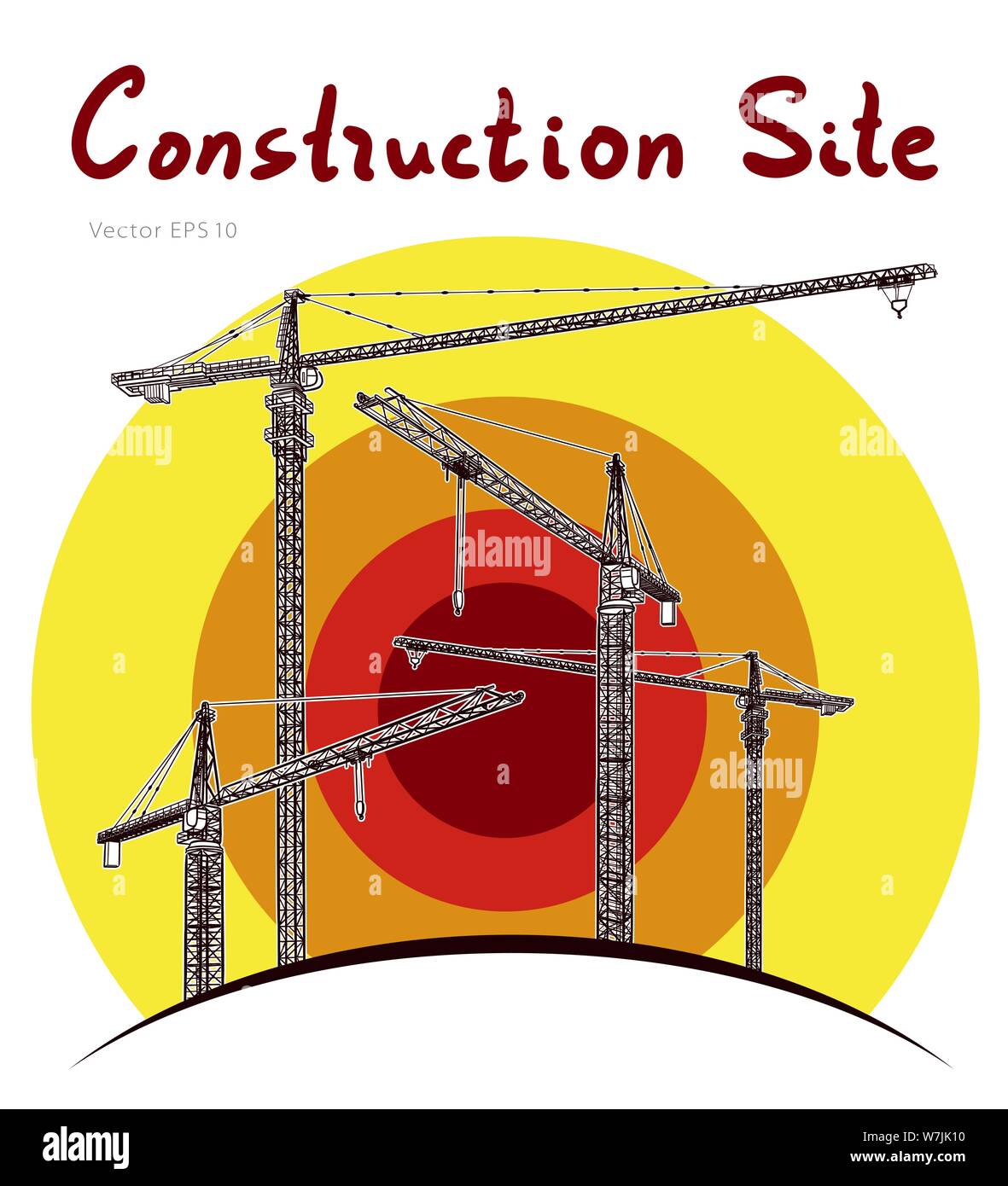 Construction site tower cranes. Vector freehand draw Stock Vector