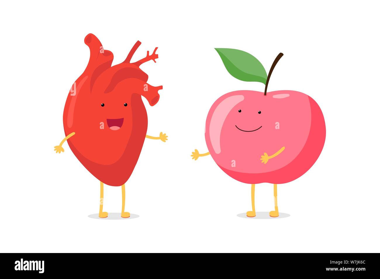 Strong cute healthy happy human heart organ character with red apple mascot. Vector flat cartoon nutrition food concept illustration Stock Vector