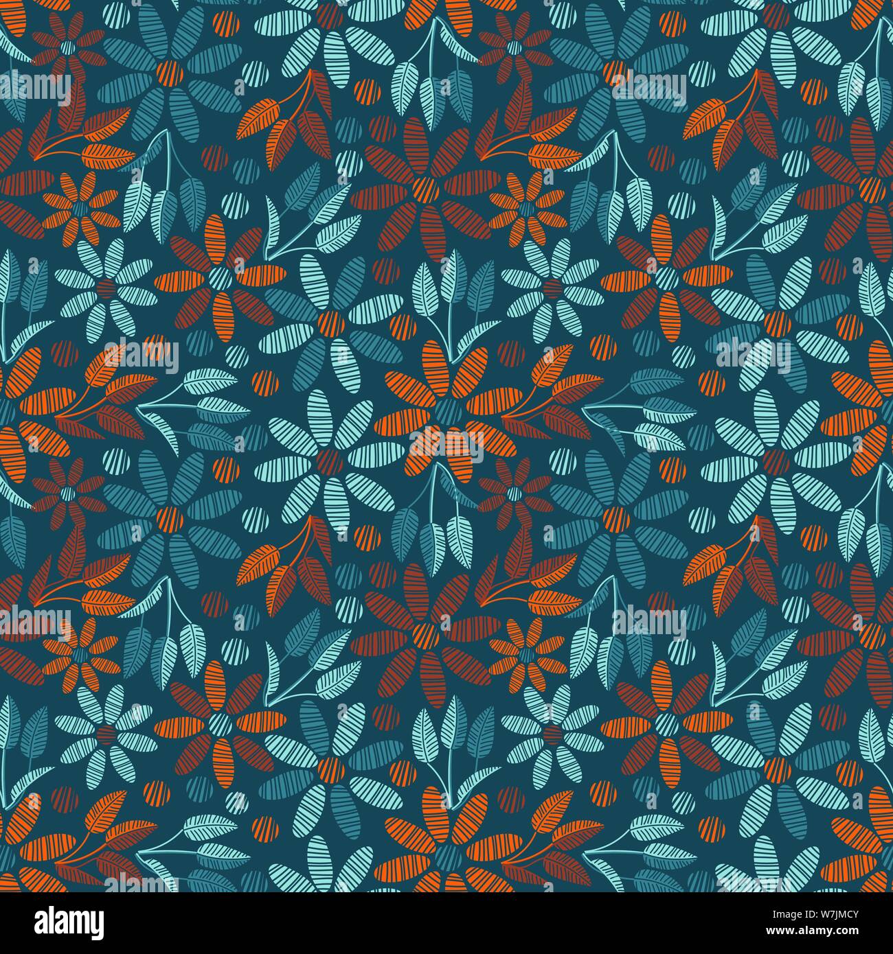 seamless vector pattern with teal and orange florals Stock Vector
