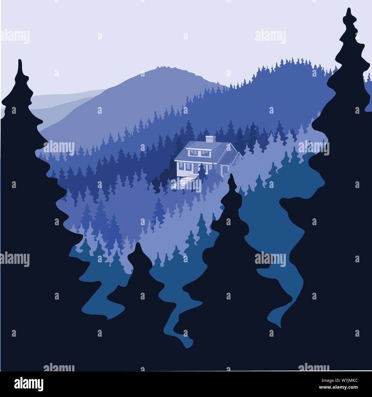 Home or cabin in the middle of a large empty mountain forest. Stock Vector