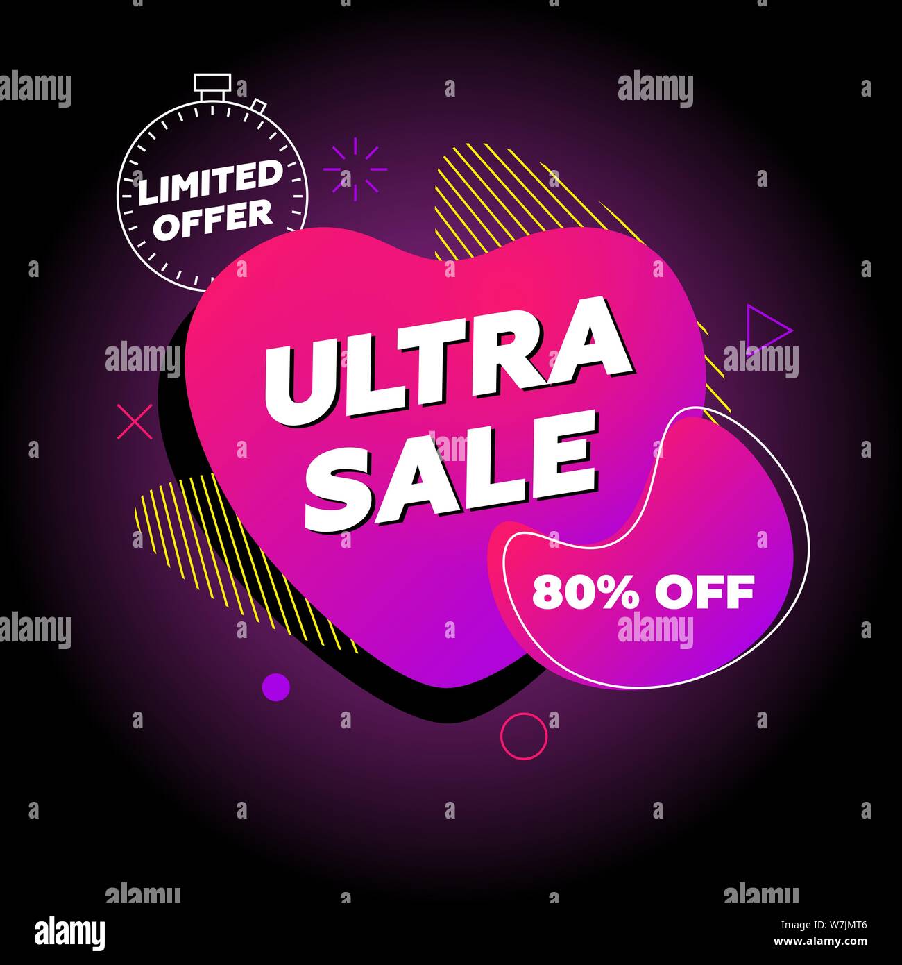 Ultra sale banner. Limited offer template design on purple abstract liquid shape. Flat geometric gradient colored graphic element in heart fluid form on black background. Modern vector illustration Stock Vector
