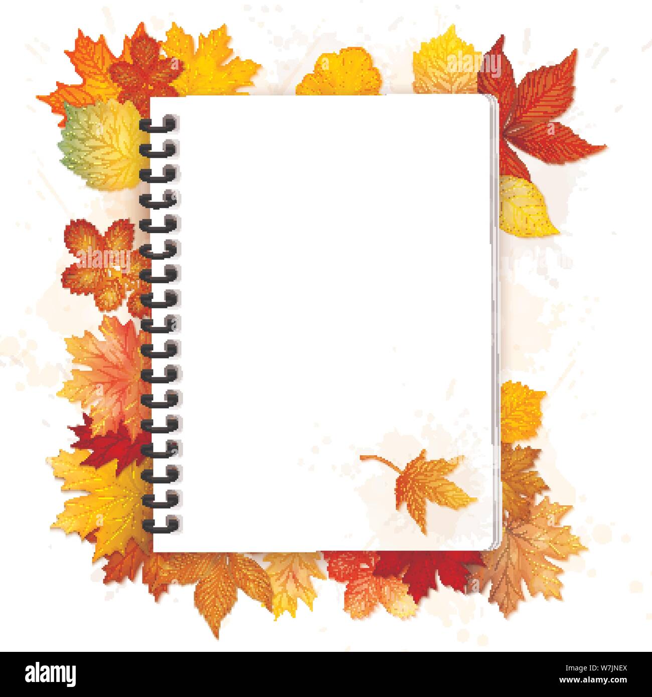 Open spiral notebook with autumn leaves vector background Stock Vector