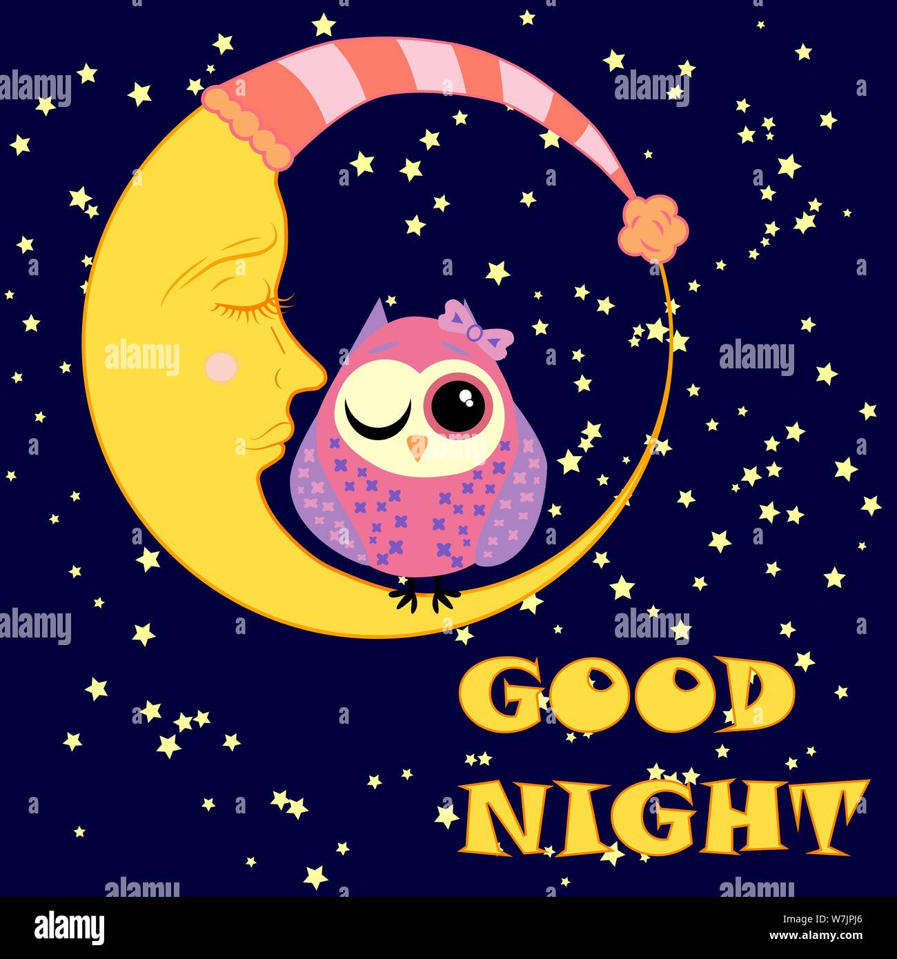 Good Night Postcard With A Dormant Crescent A Cute Cartoon Owl And Text Stock Vector Image Art Alamy