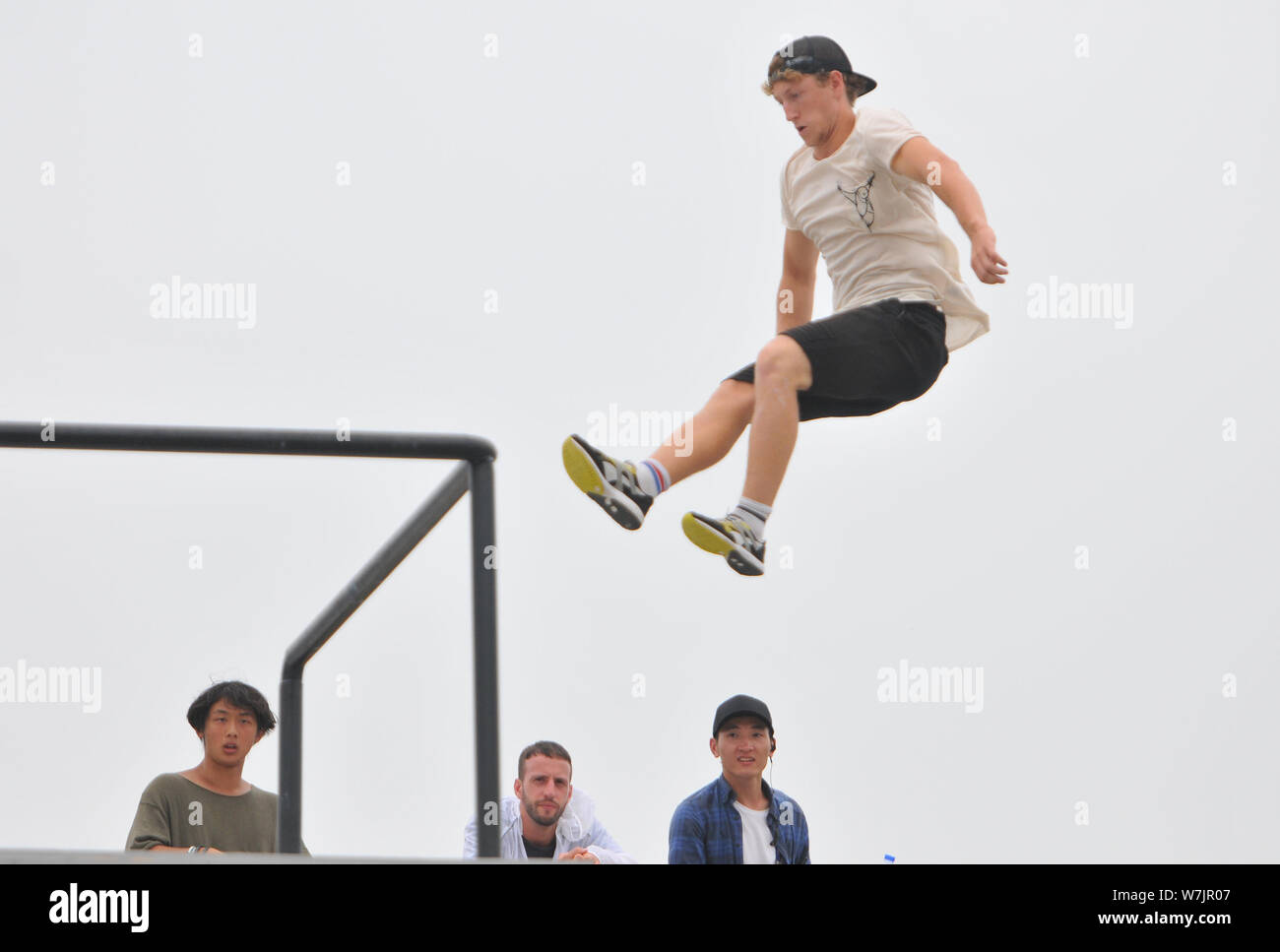 A parkour fan takes part in the 'Freerun Hefei City' in Hefei city, east China's Anhui province, 9 September 2017.   'Freerun Hefei City' was held in Stock Photo