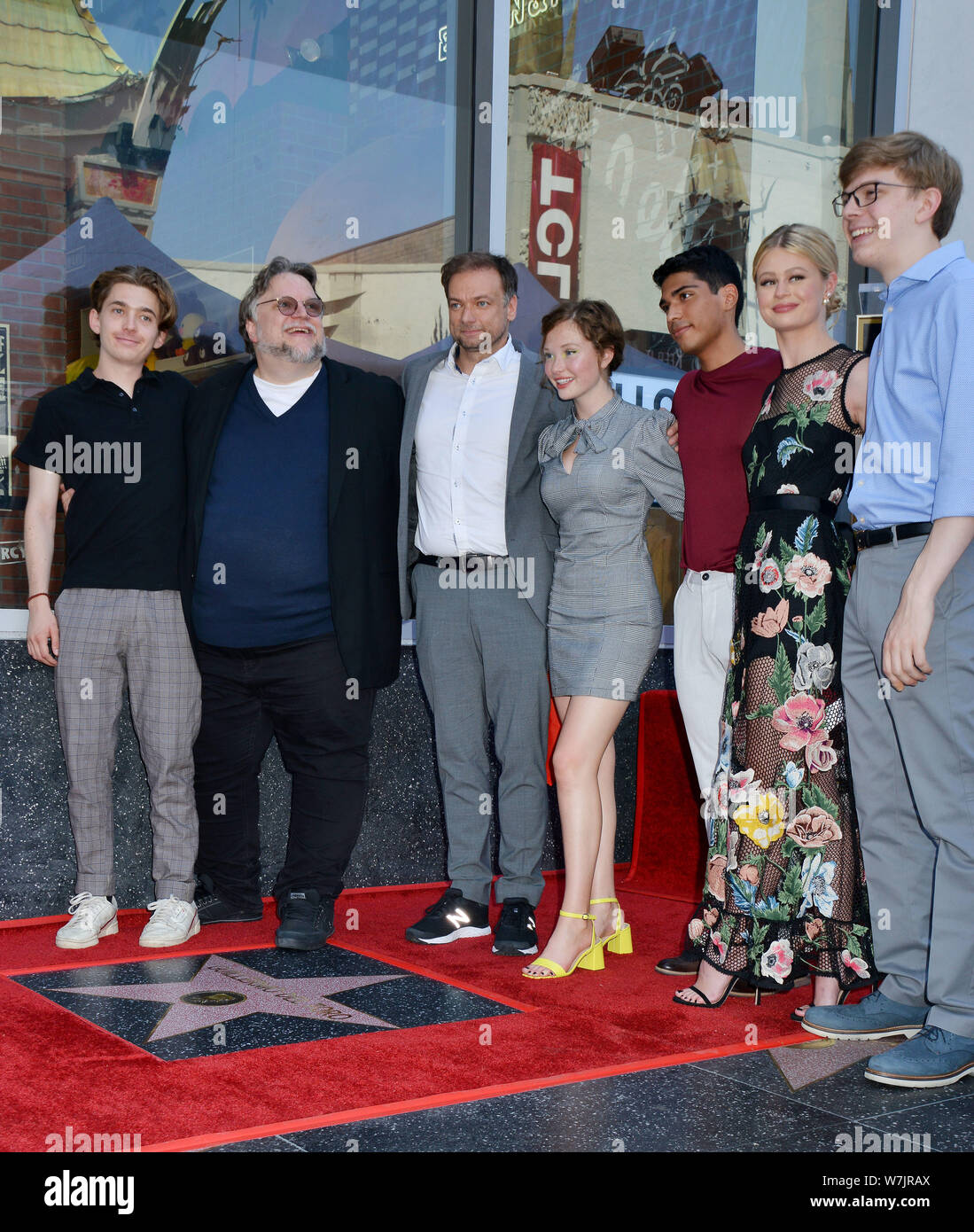 Los Angeles, USA. 06th Aug, 2019. Austin Abrams, Guillermo del Toro, Andre? ¯vredal, Zoe Margaret Colletti, Michael Garza, Natalie Ganzhorn and Gabriel Rush attend the ceremony honoring Guillermo del Toro with a star on the Hollywood Walk of Fame on August 06, 2019 in Hollywood, California. Credit: Tsuni/USA/Alamy Live News Stock Photo