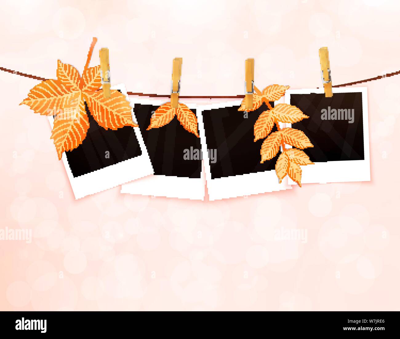 Photos on rope with clothespins and autumn leaves vector Stock Vector
