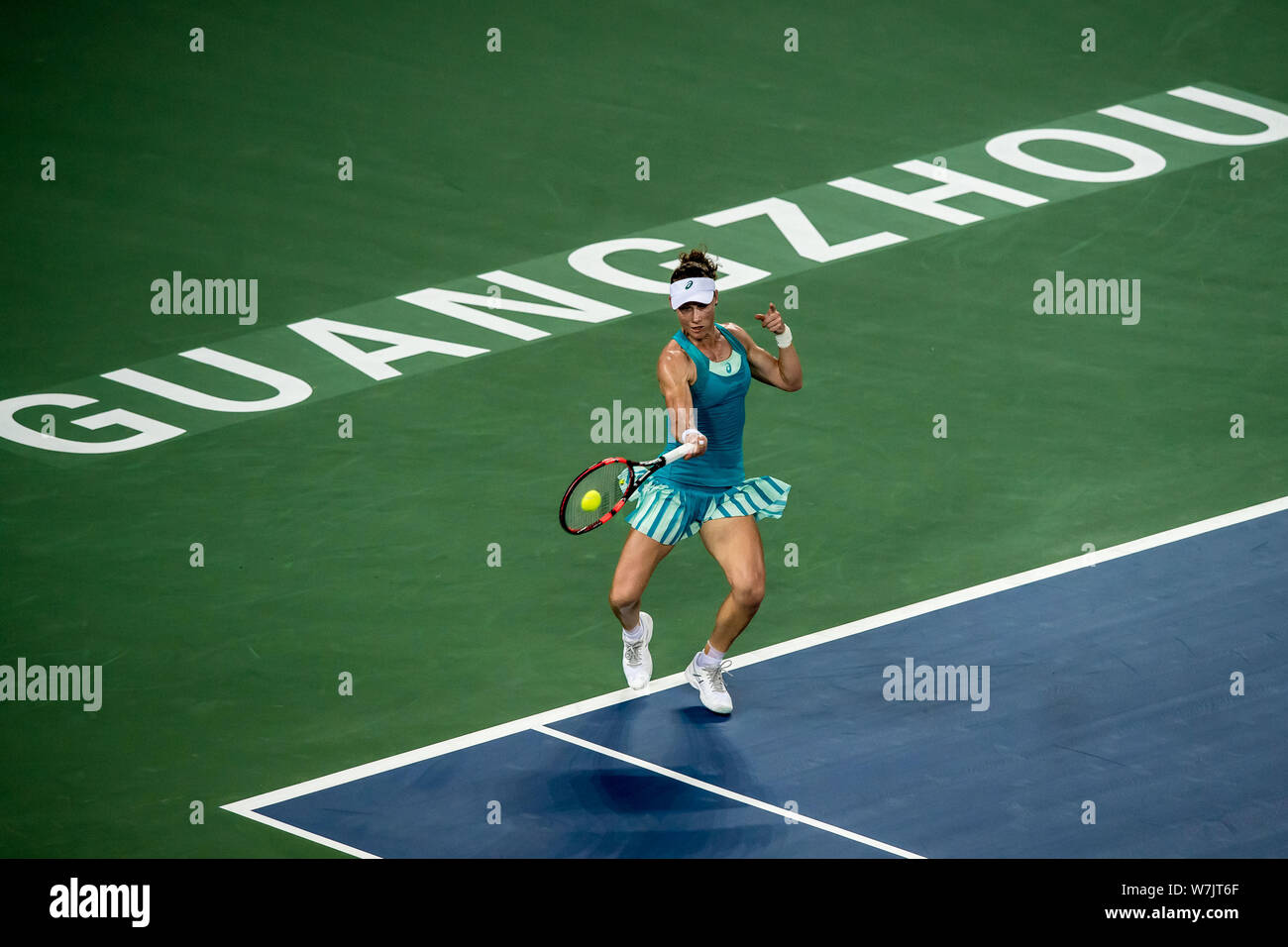 Samantha Stosur of Australia returns a shot to Han Xinyun of China in their first round match during the WTA Guangzhou International Women's Open 2017 Stock Photo