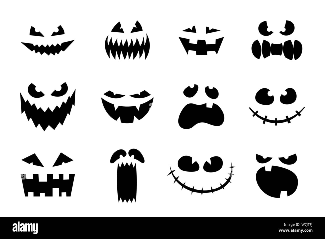 Halloween monster jack lantern pumpkin carved glowing scary face set on white background. Holiday cartoon character collection for celebration design. Vector cartoon spooky illustration Stock Vector