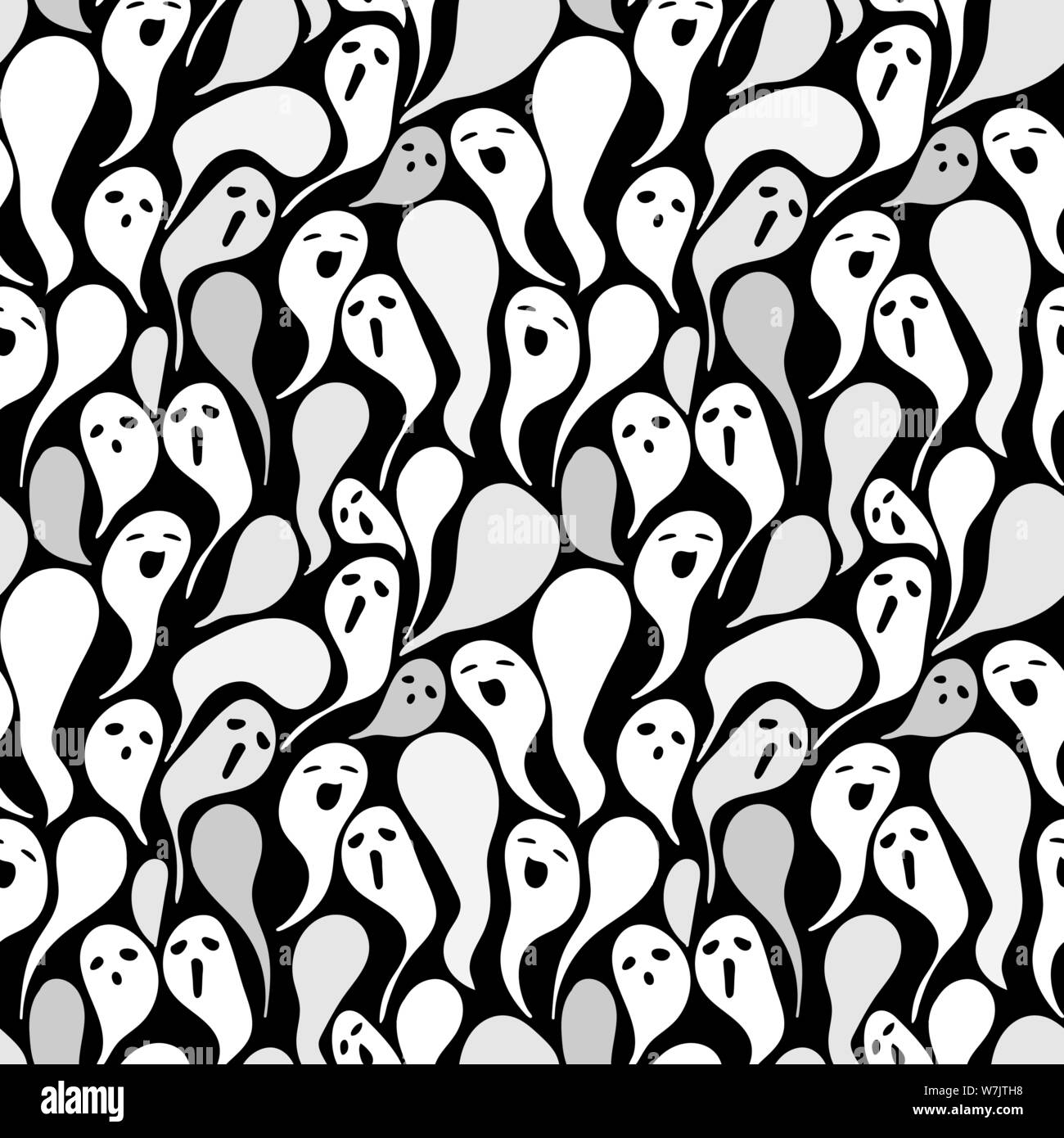 seamless vector halloween pattern with spooky ghost silhouettes on black background Stock Vector
