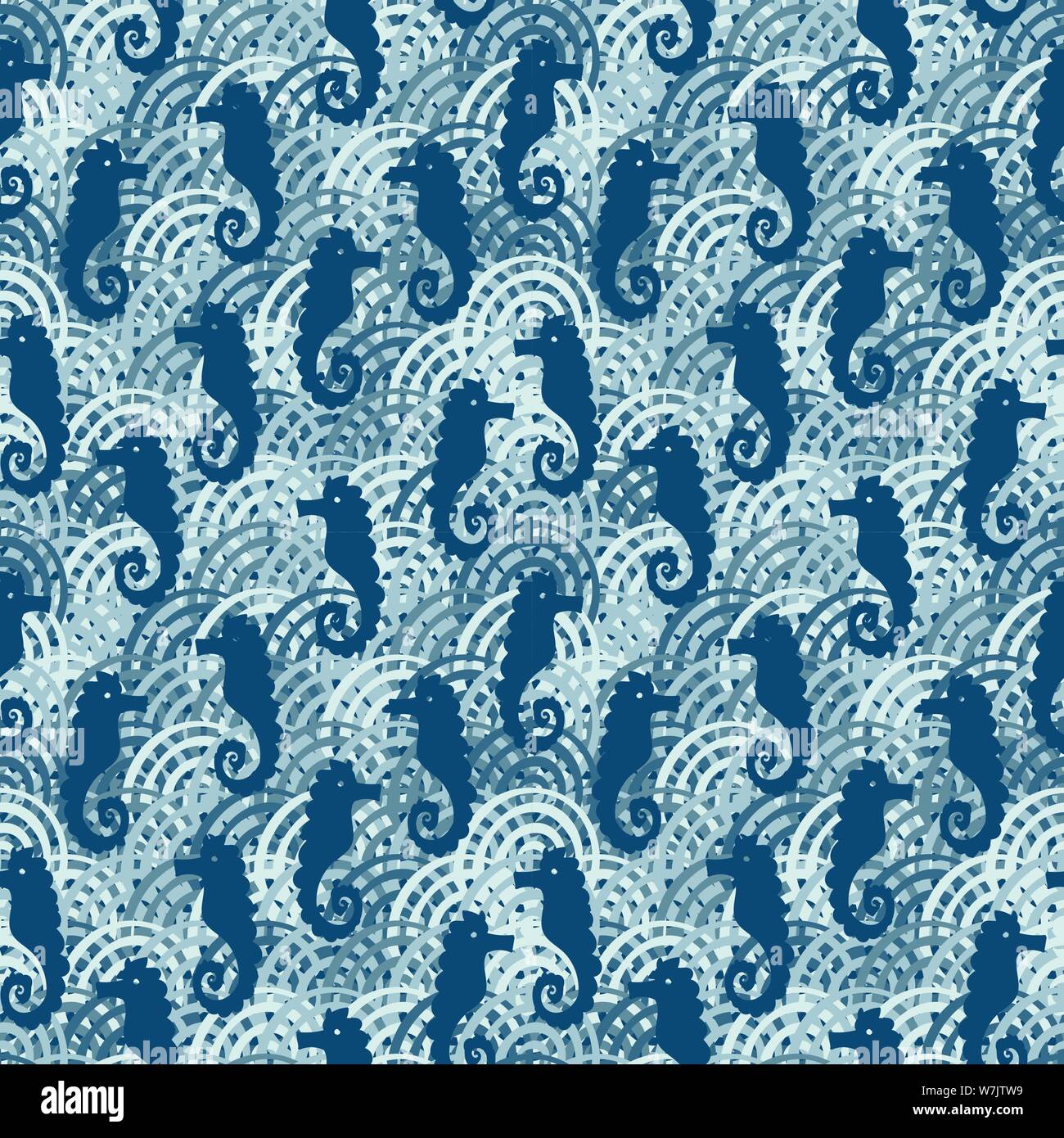 seamless vector pattern with seahorses on textured blue background ...